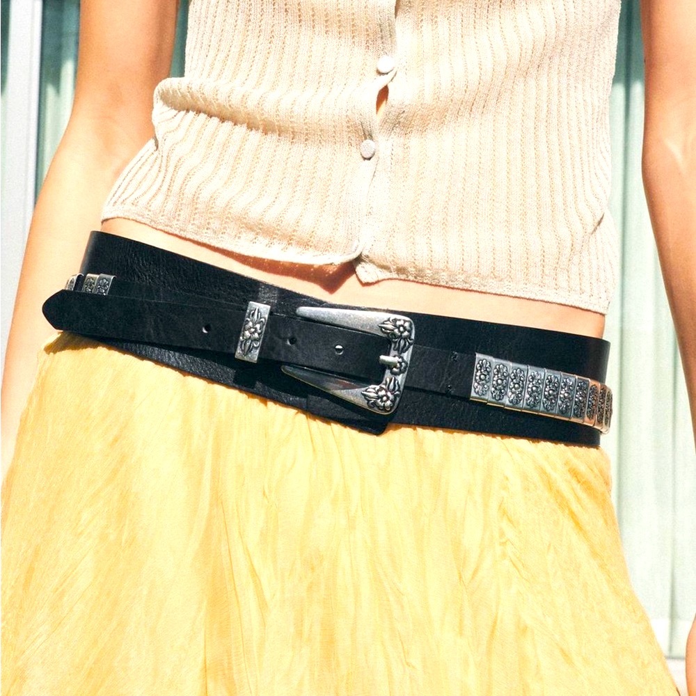 Zara black LEATHER BELT WITH Silver METAL PIECES sz.85